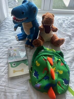 Kids Dinosaur Plush Backpack + Plush Toys wall stickers bundle  - Green & Blue